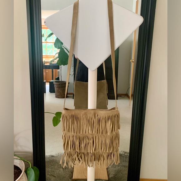 Tan Suede Leather Fringe Crossbody Bag - Picture 1 of 6